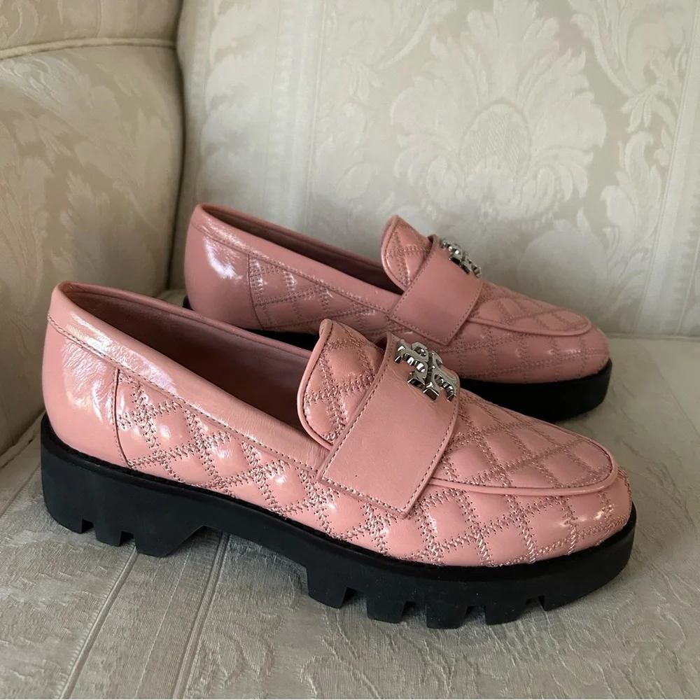 AUTHENTIC Tory Burch Pink Quilted Lug Sole Loafers NWOB size 8